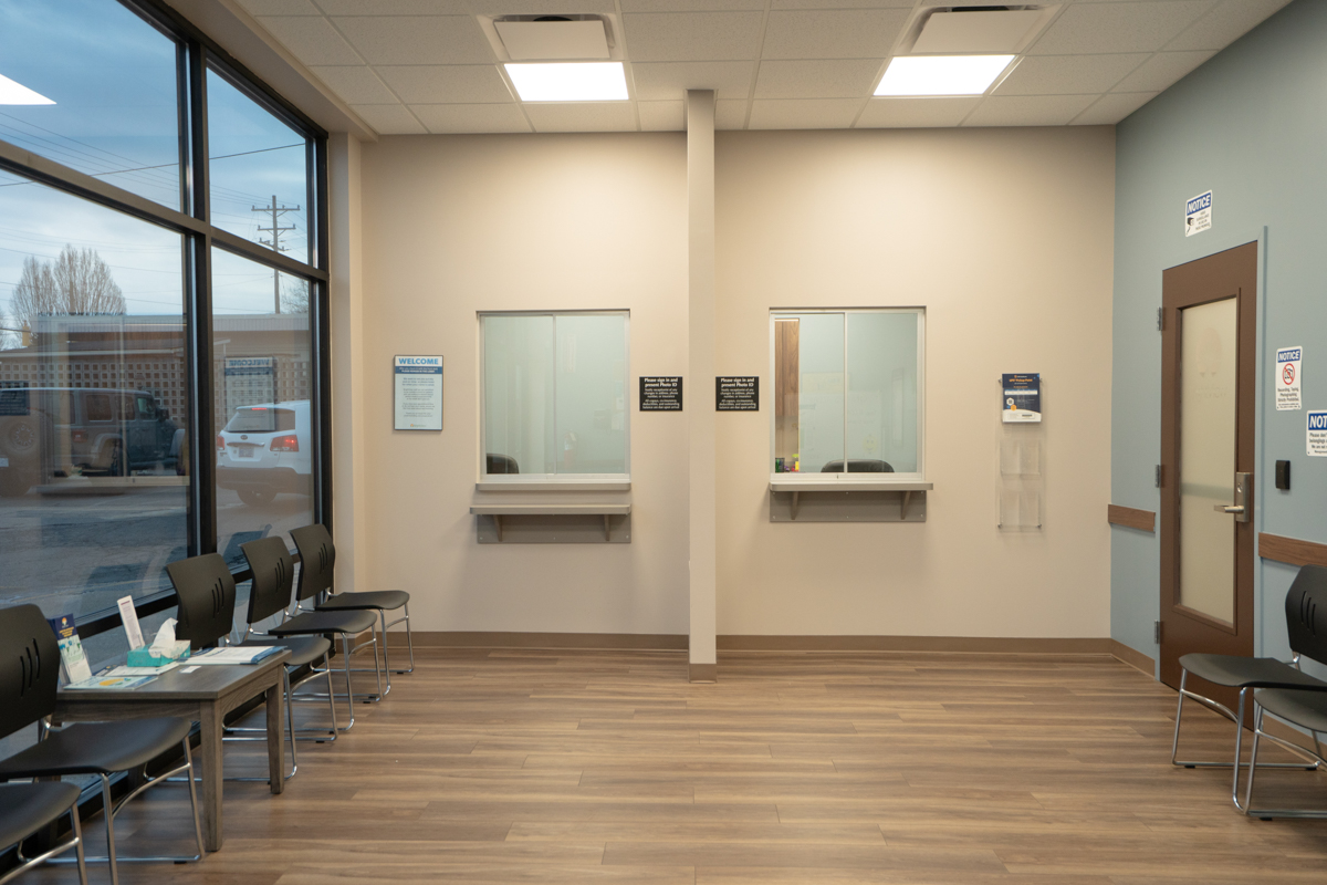 Waiting area with service windows and seating