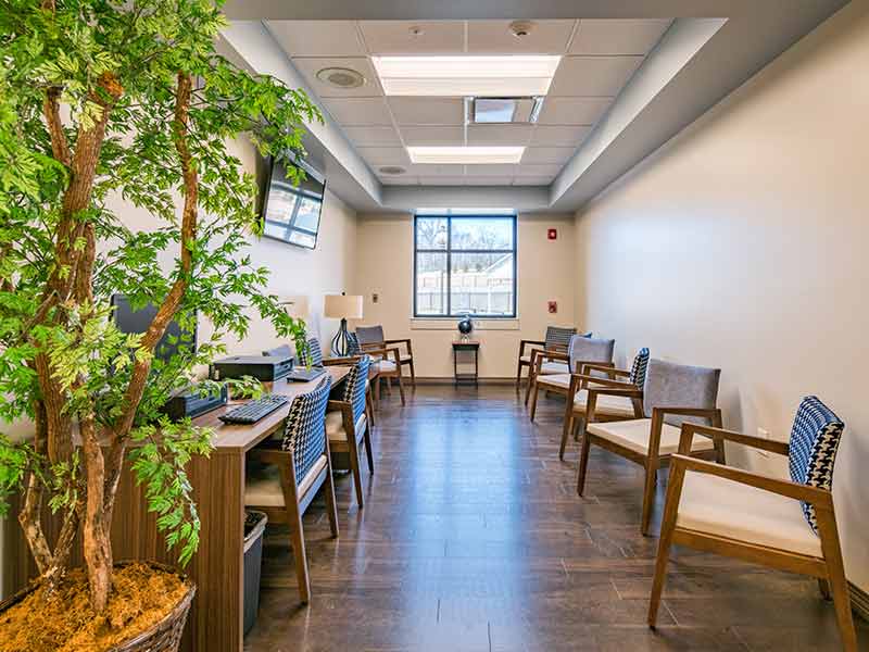 Computer area with desks, chairs, and a large indoor tree