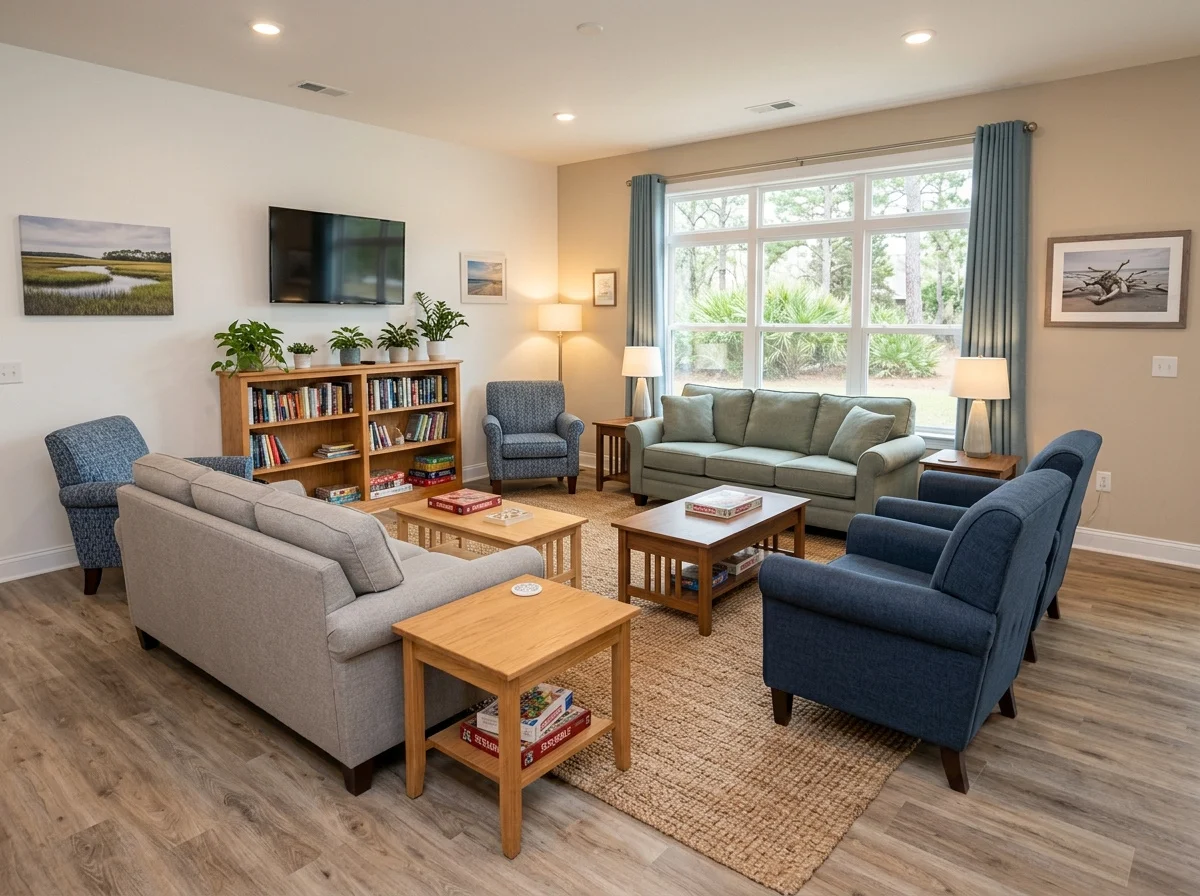 Cozy living room with sofas, blue armchairs, and a fireplace