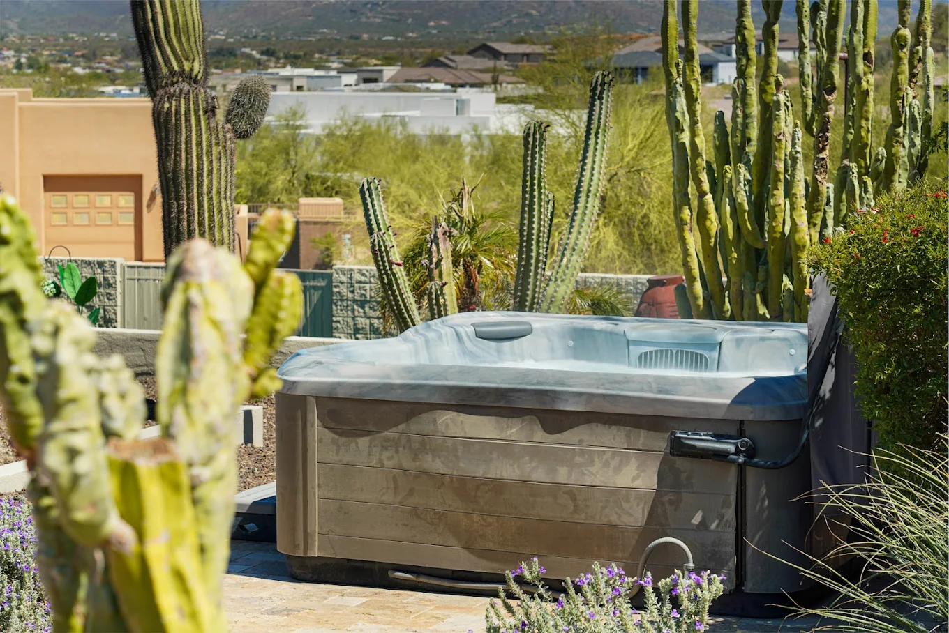 Outdoor hot tub surrounded by desert landscaping