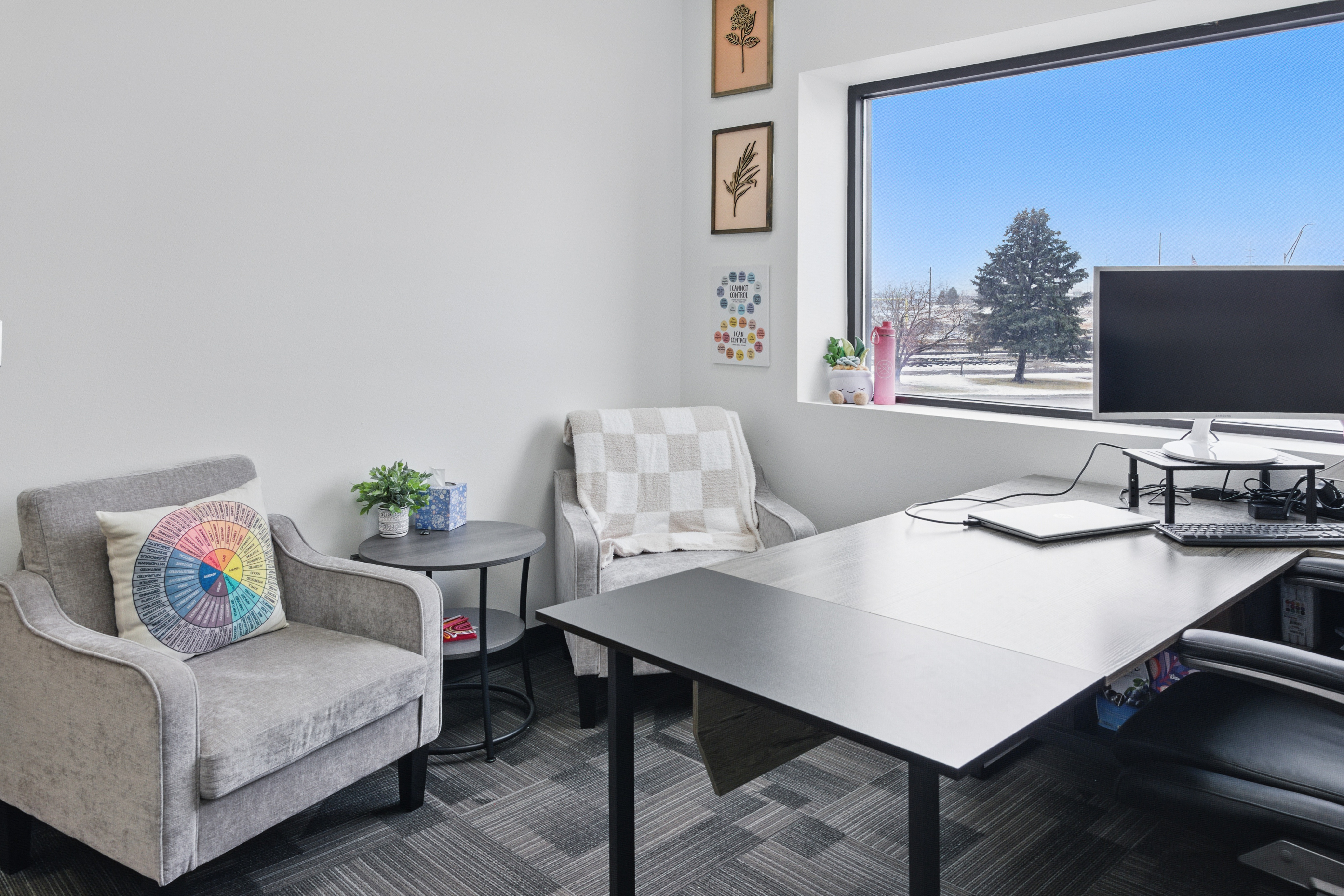 Cozy office with gray chairs and emotion wheel pillow
