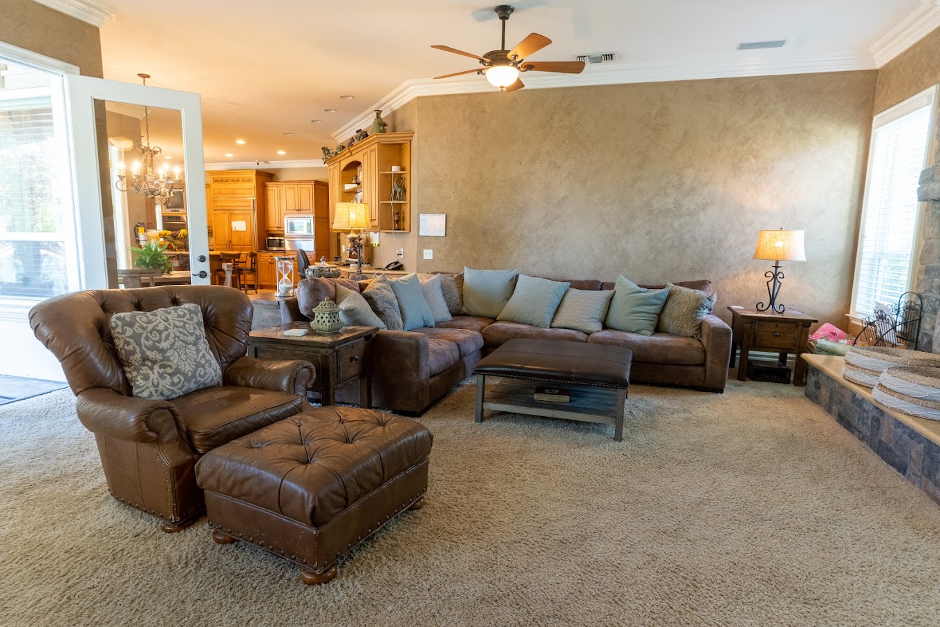 Cozy lounge with sectional sofa and armchair