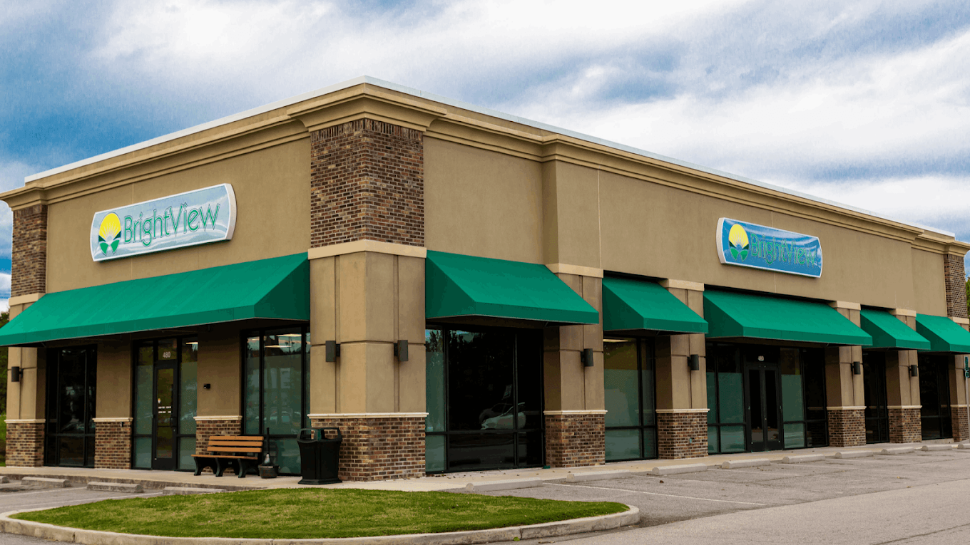 BrightView Danville addiction treatment center exterior with green awnings, storefront windows, and BrightView signage