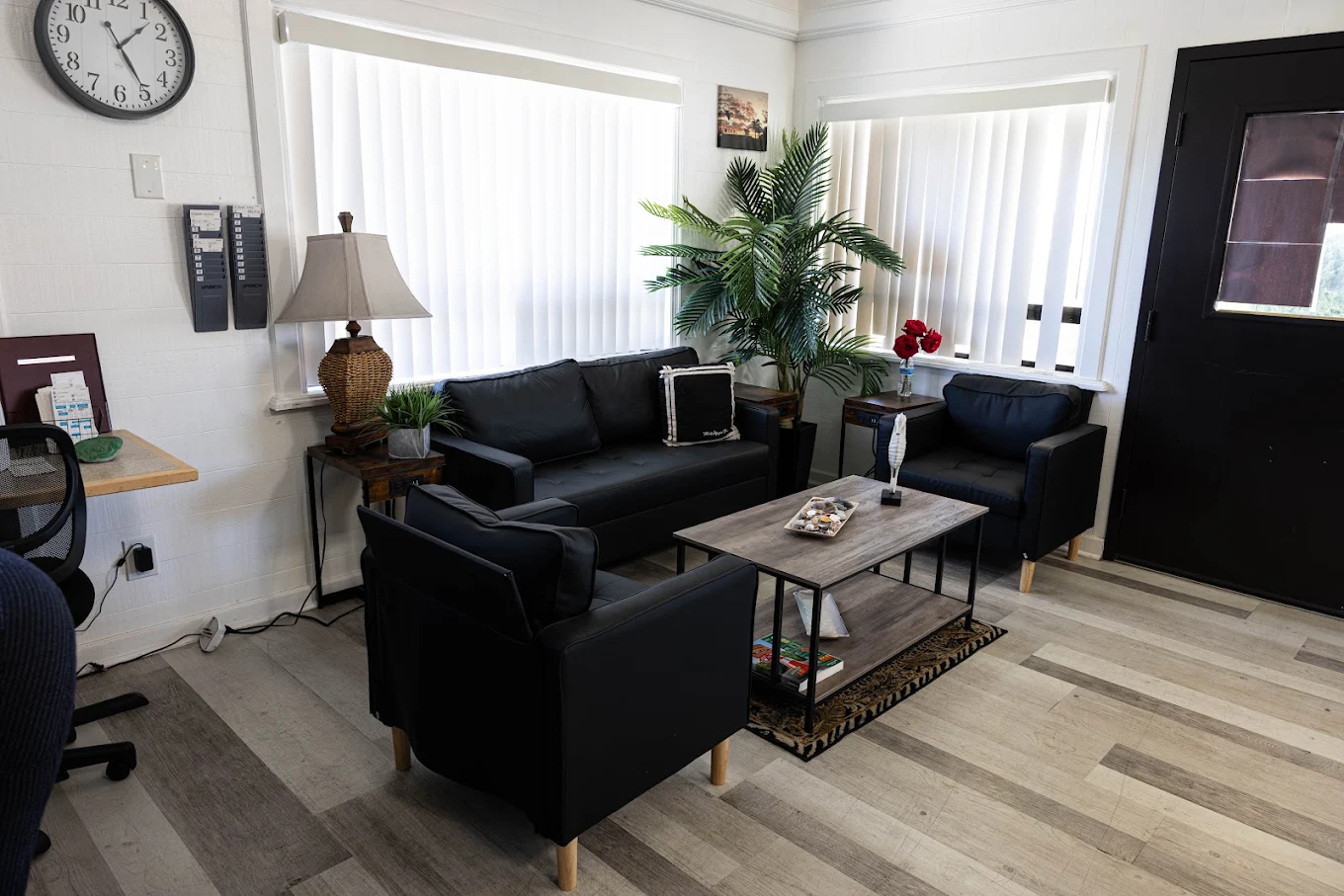 Living room with black sofas, coffee table, and indoor plants