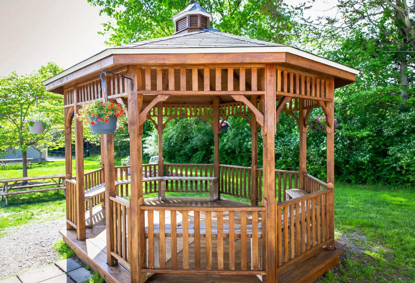 Wooden gazebo with hanging plants in a green outdoor area