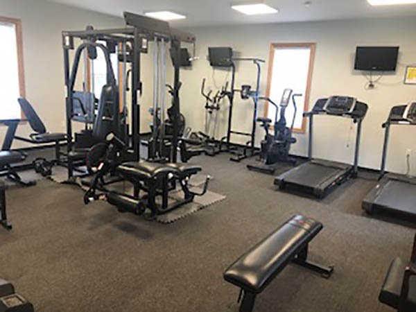 Gym with treadmills, weight equipment, and cardio machines.