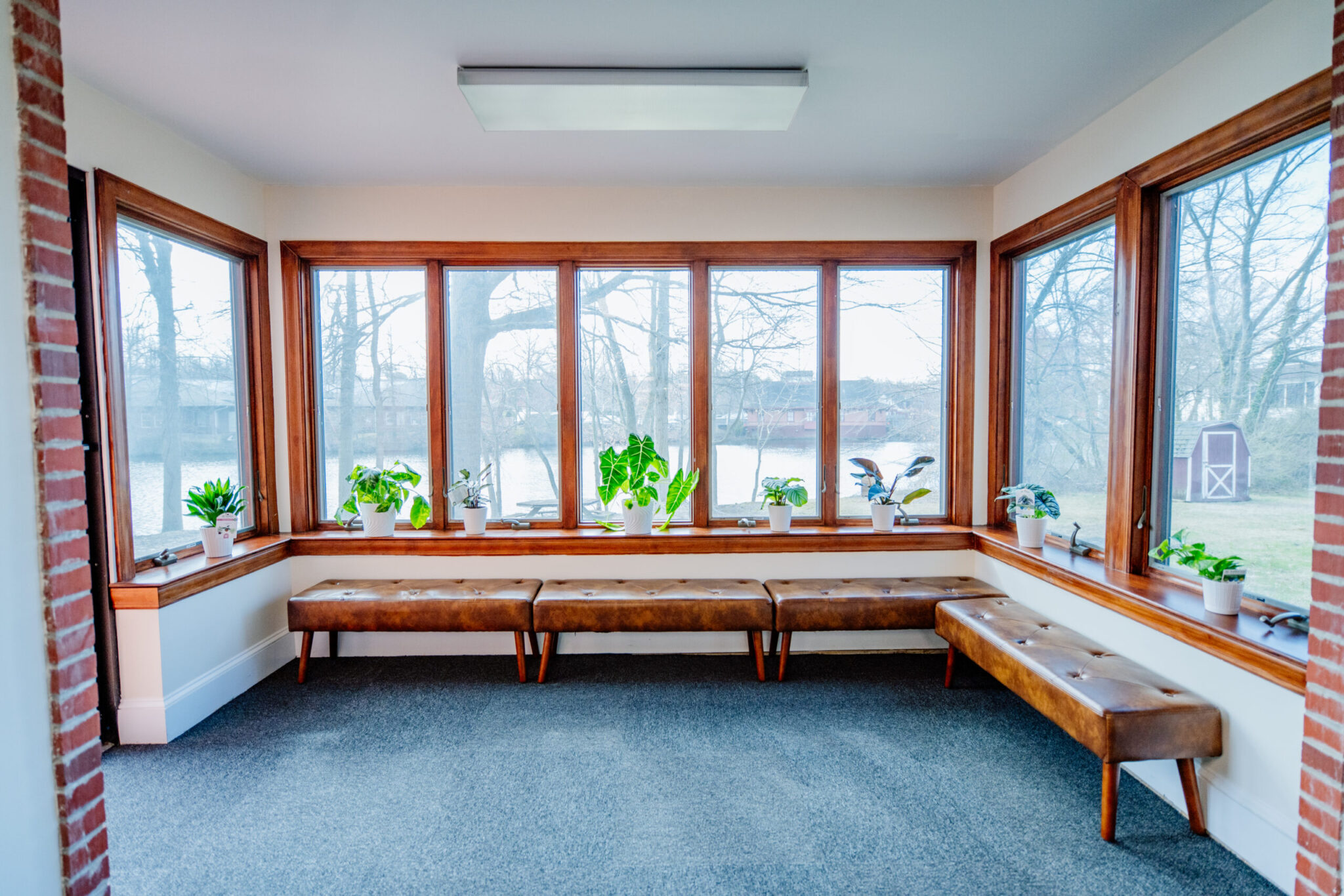 Sunlit seating area with bench and large windows