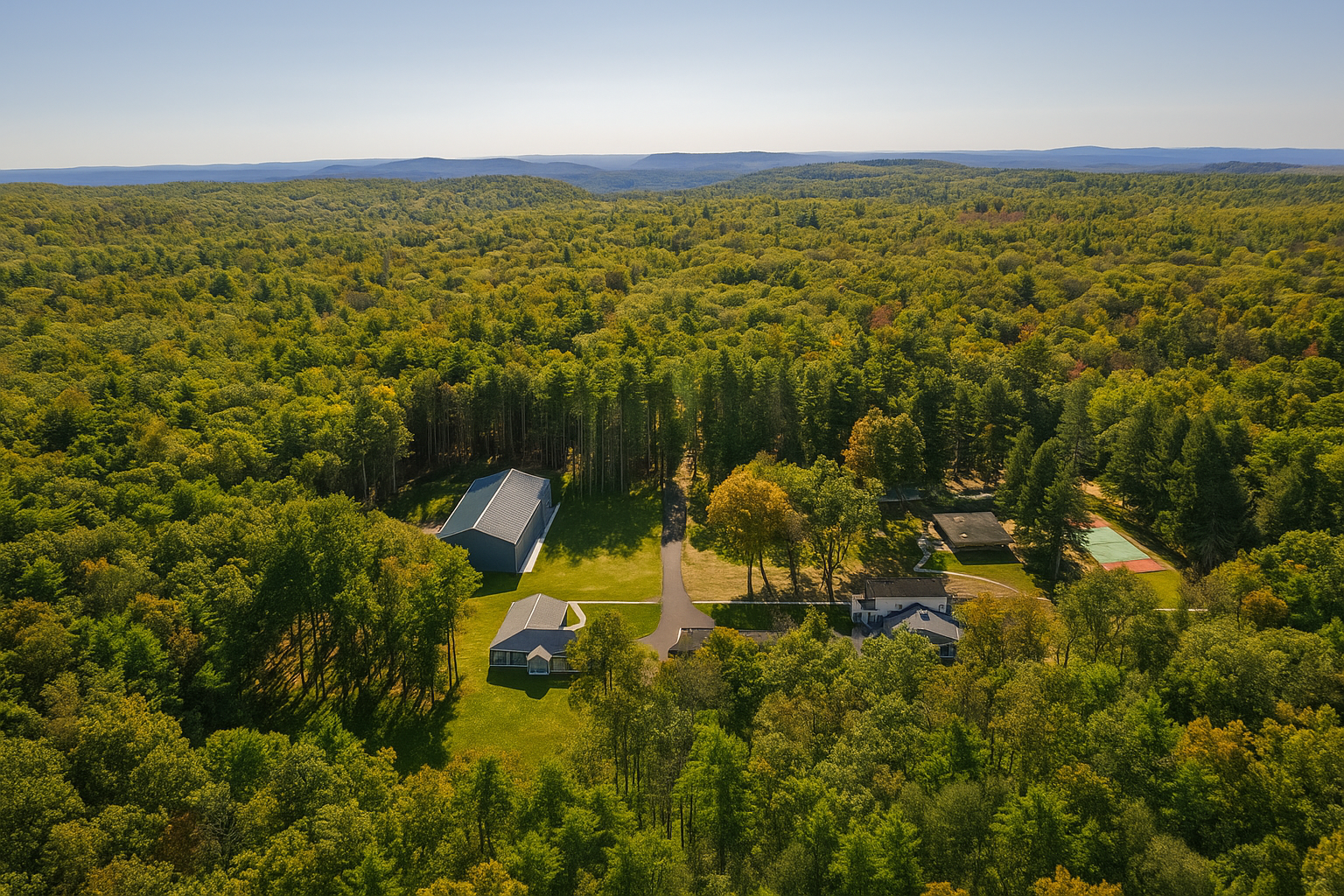 Drone view of treatment campus surrounded by dense forest and hills.