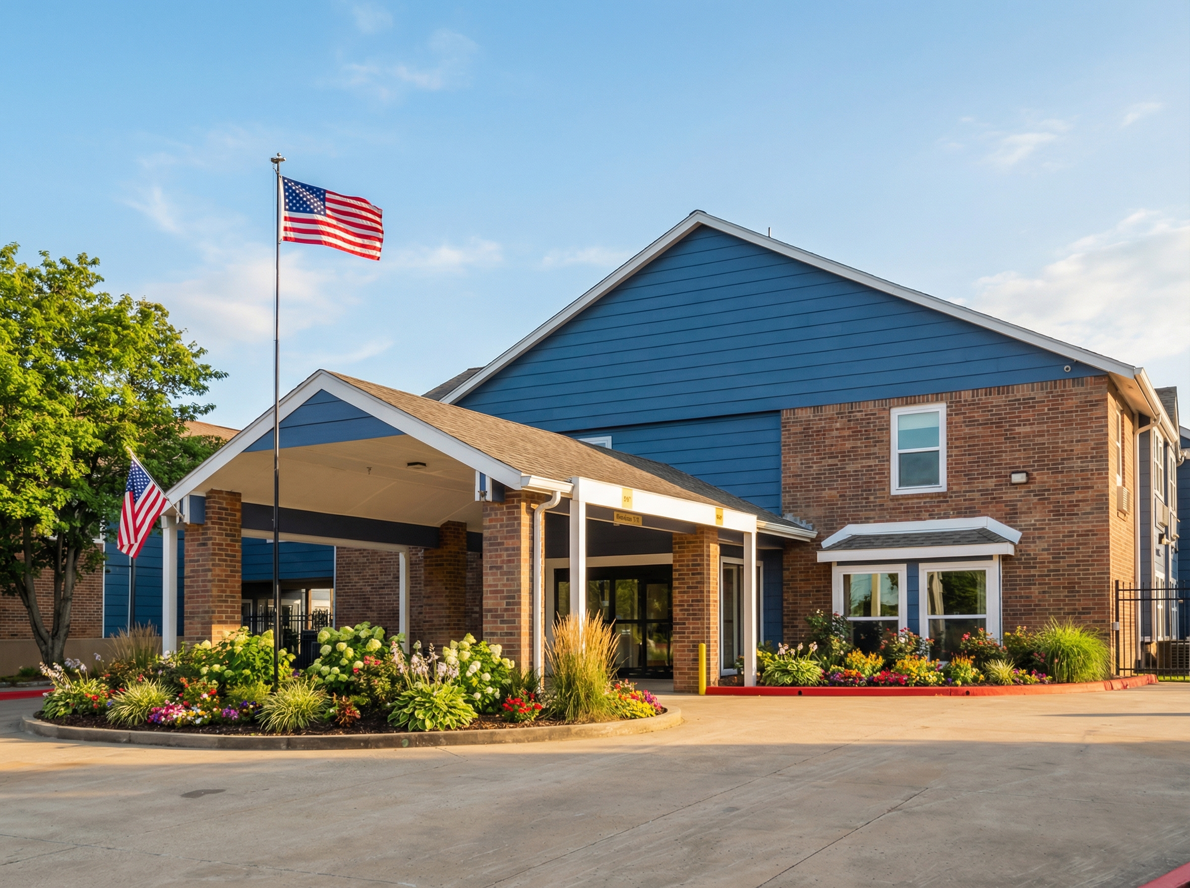 Exterior of The Haven Detox Oklahoma with landscaped entrance and flag
