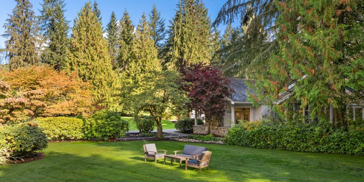 Peaceful courtyard with chairs and lush trees