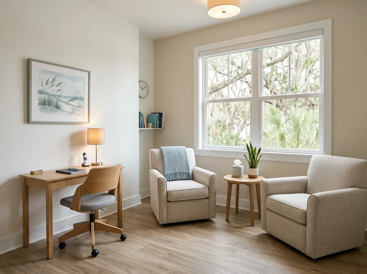 Quiet sitting room with armchairs, writing desk, and large window