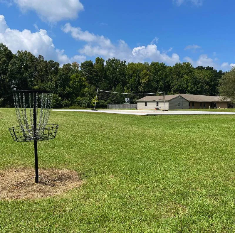 Grassy outdoor field with disc golf basket and buildings
