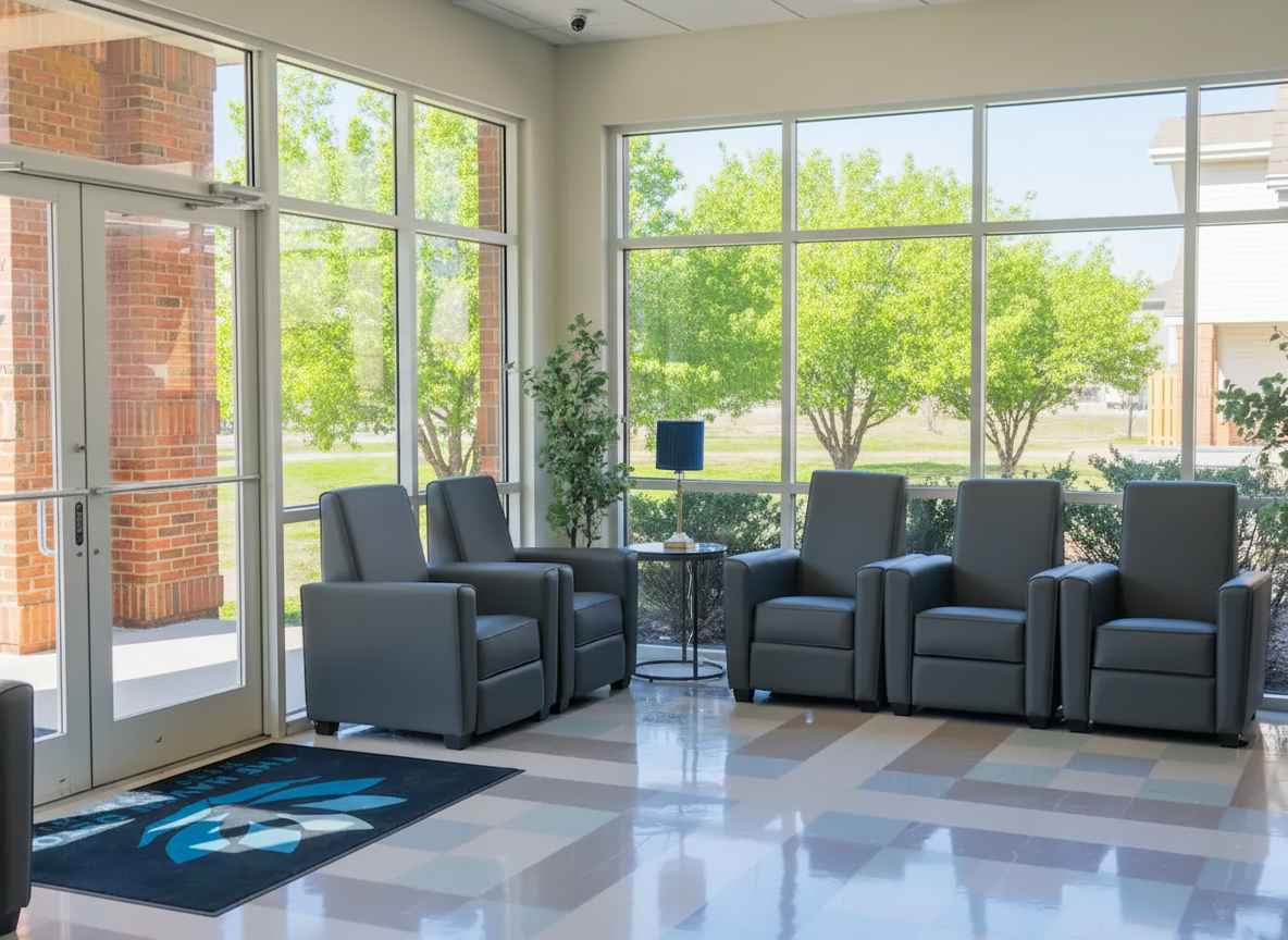 Bright lobby with gray chairs and large floor-to-ceiling windows.
