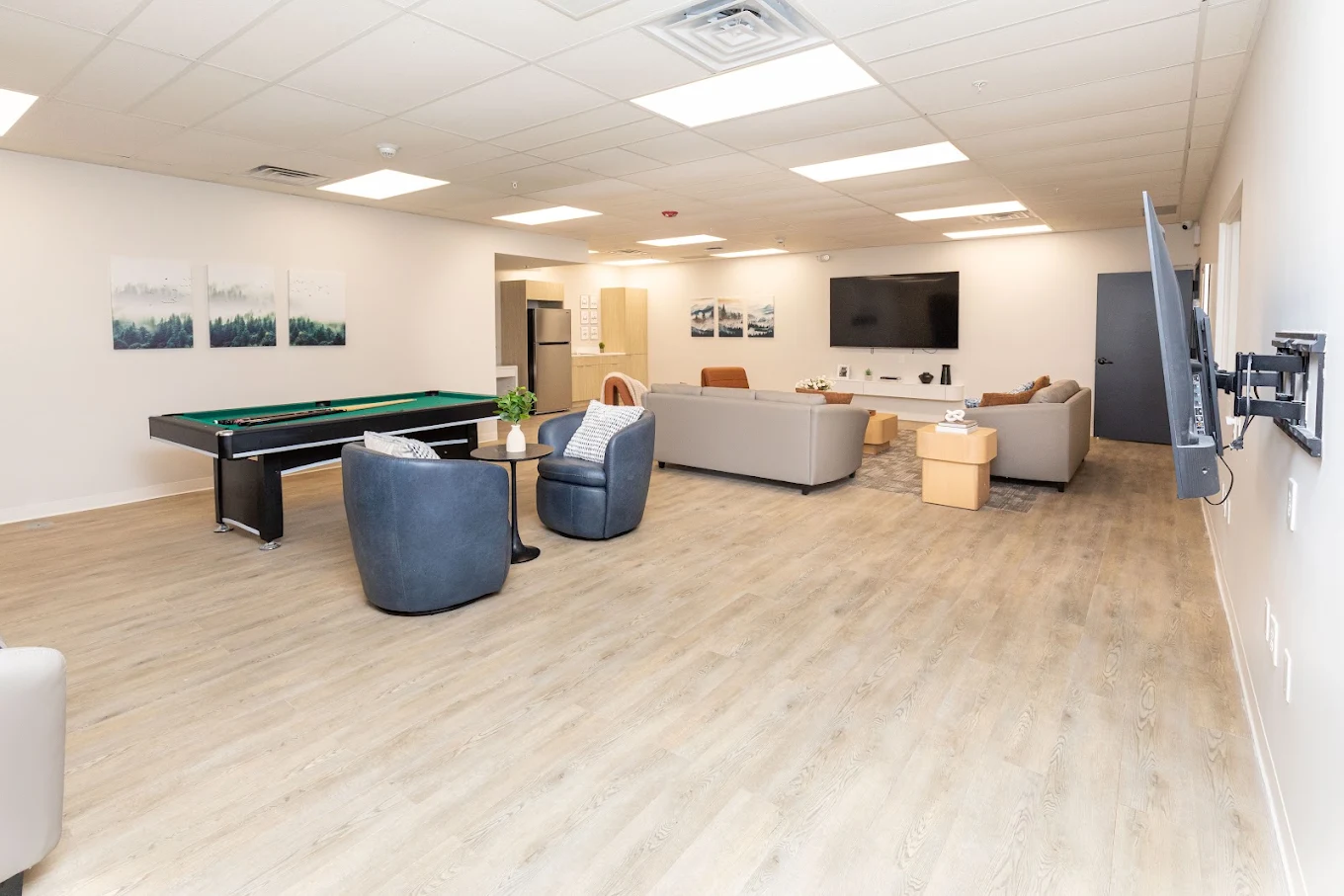 Recreation room with pool table, seating, and television