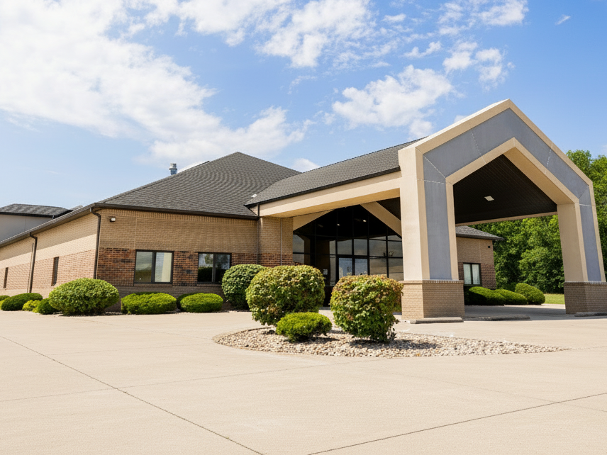 Modern rehab facility exterior with covered entrance.