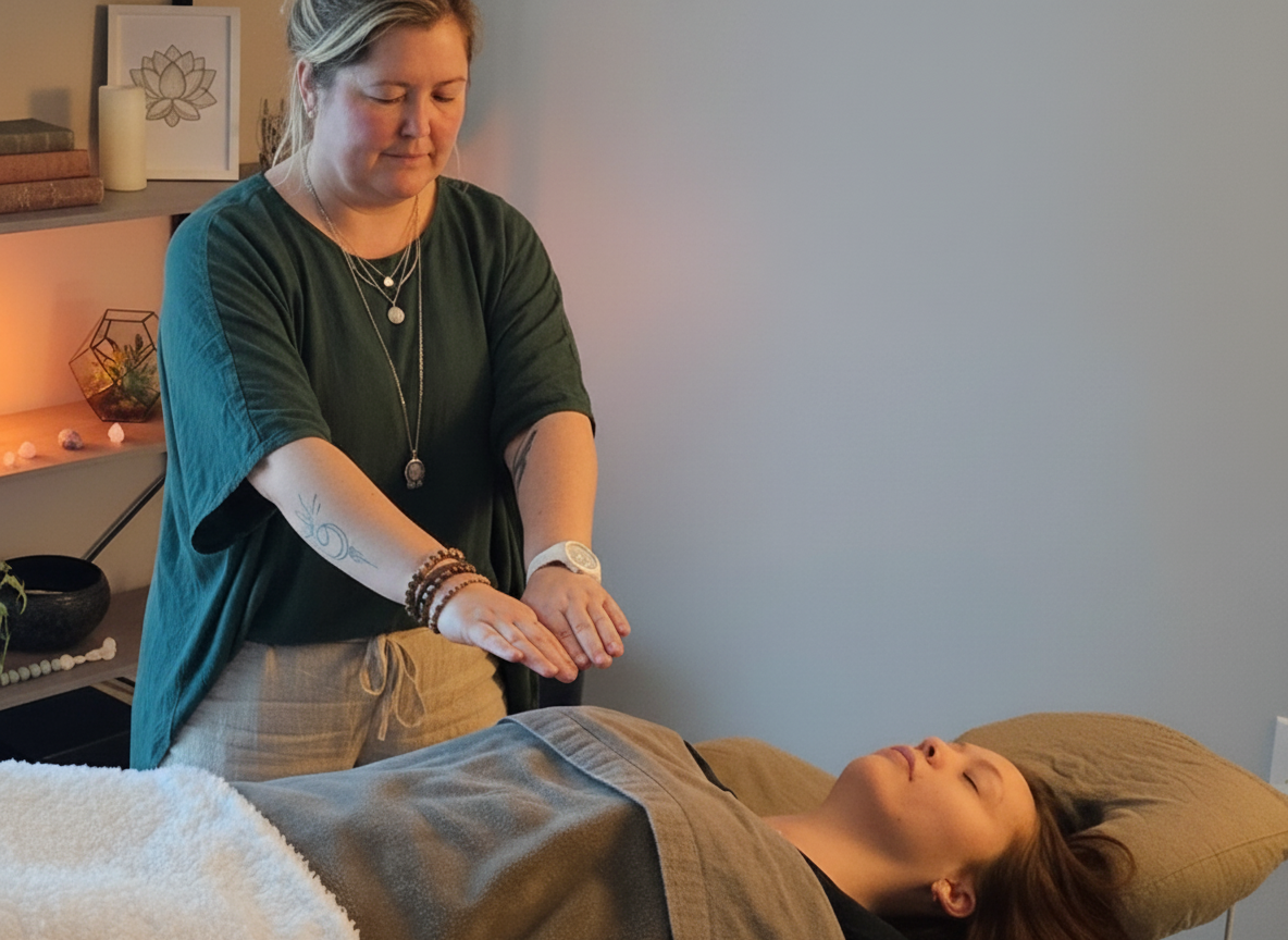 Practitioner providing reiki to client in a calm room.