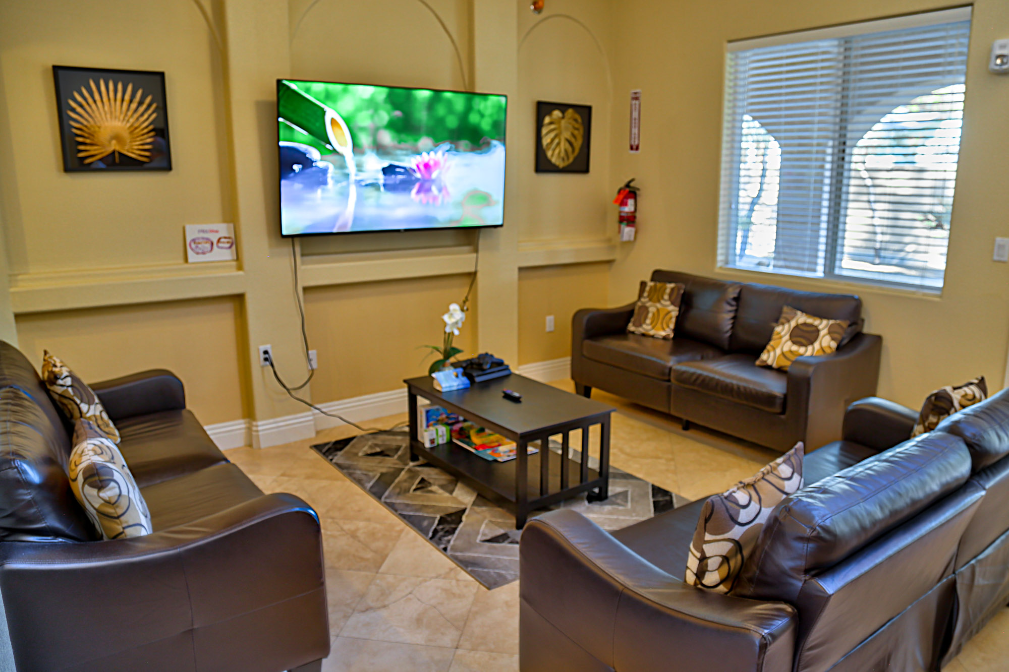 Living room with sofas, a TV, and a coffee table.