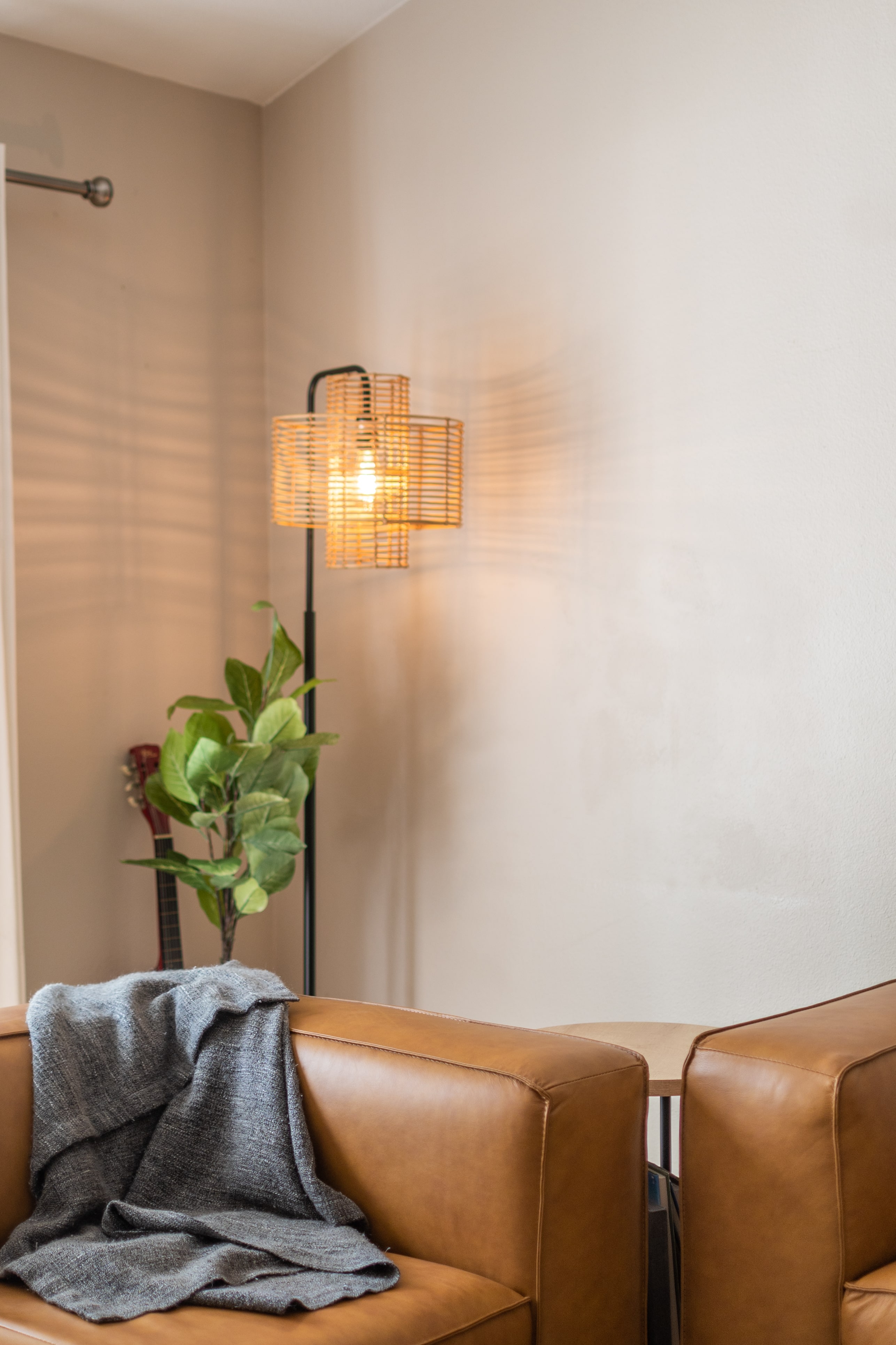 Brown sofa with throw pillows and a floor plant