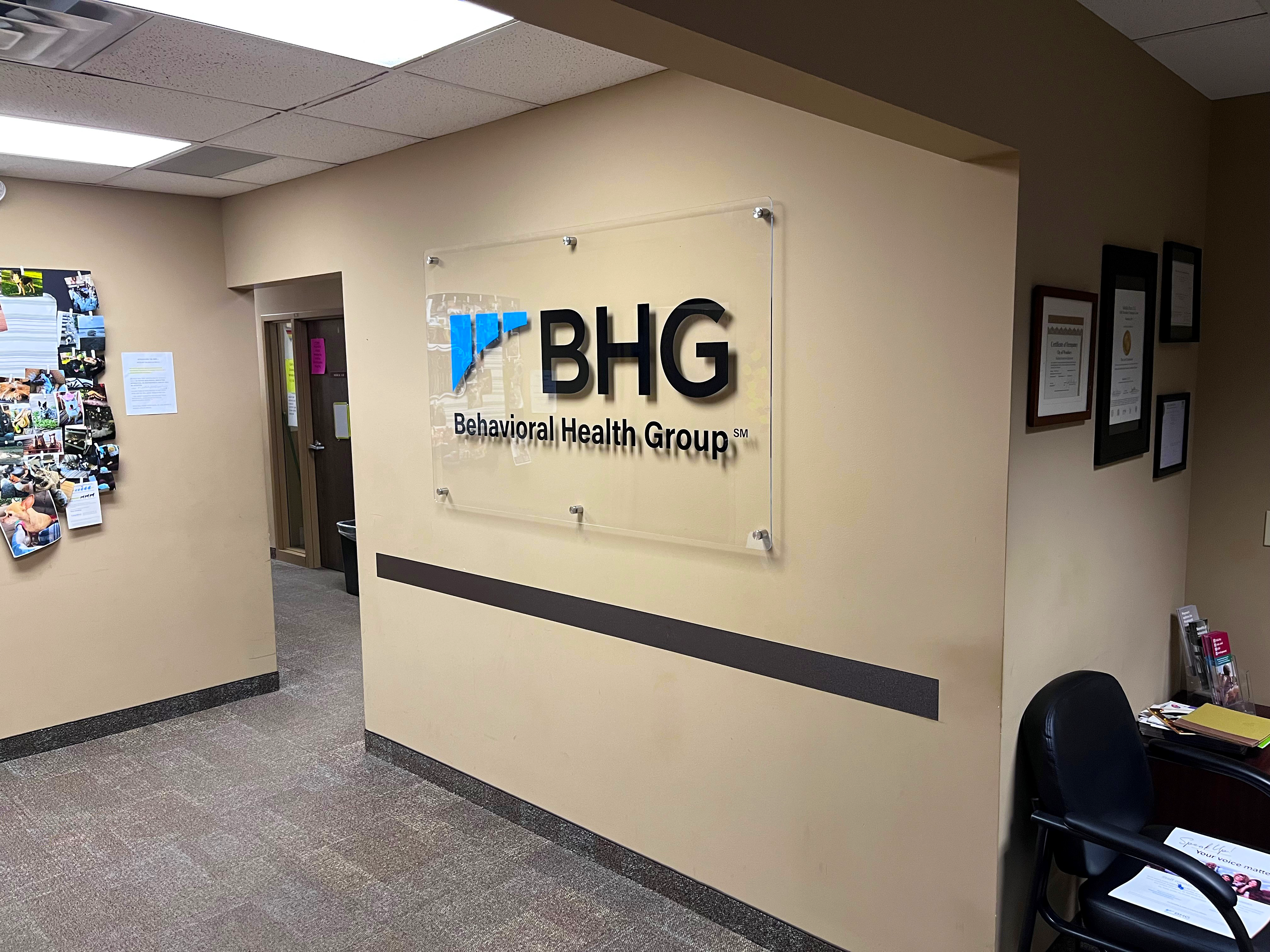 BHG Behavioral Health Group sign in the facility lobby