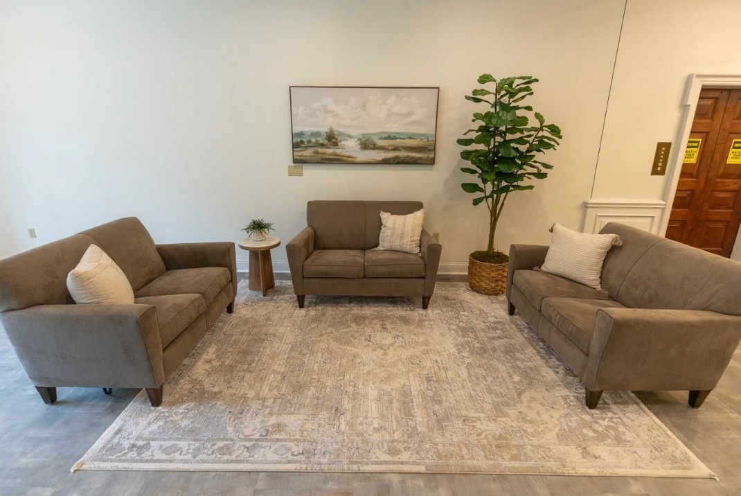 Cozy lounge with sofas, chairs, and decorative rug