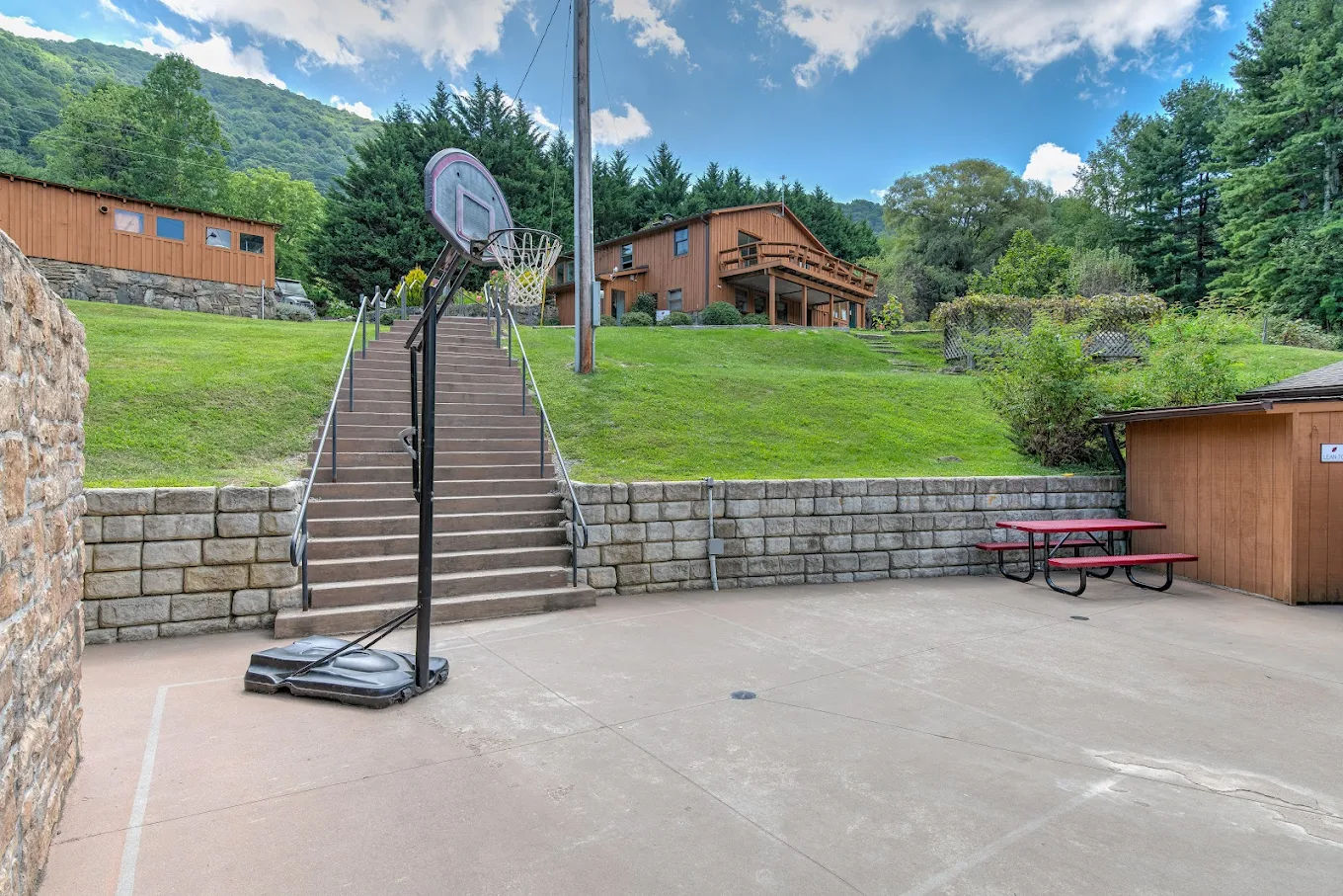 Outdoor basketball court near residential buildings