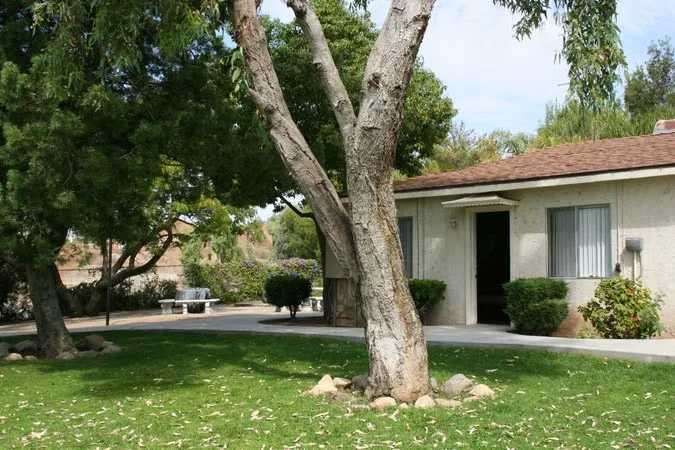 Single-story building with trees and lawn in front