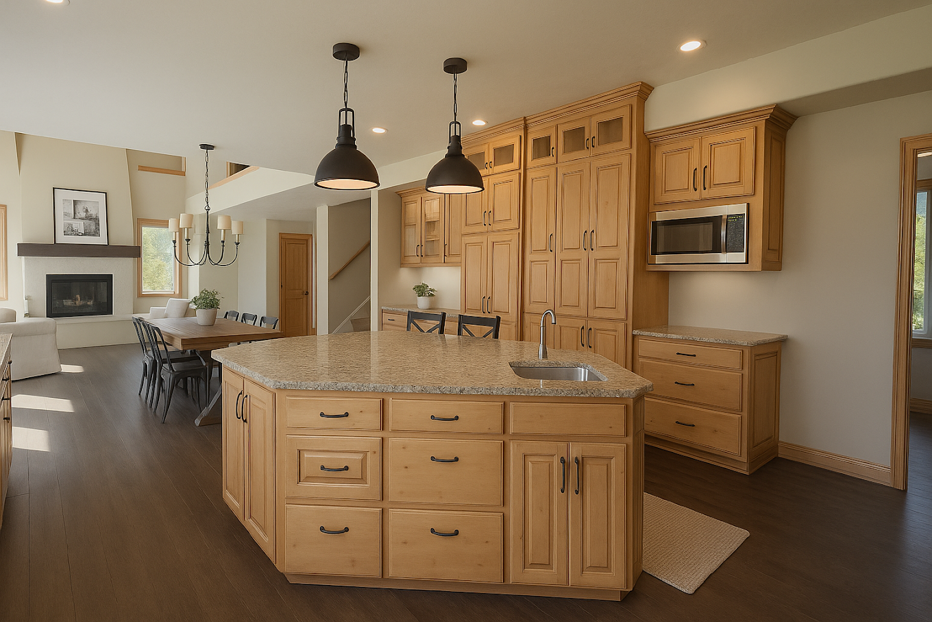 Open kitchen and dining area with large island