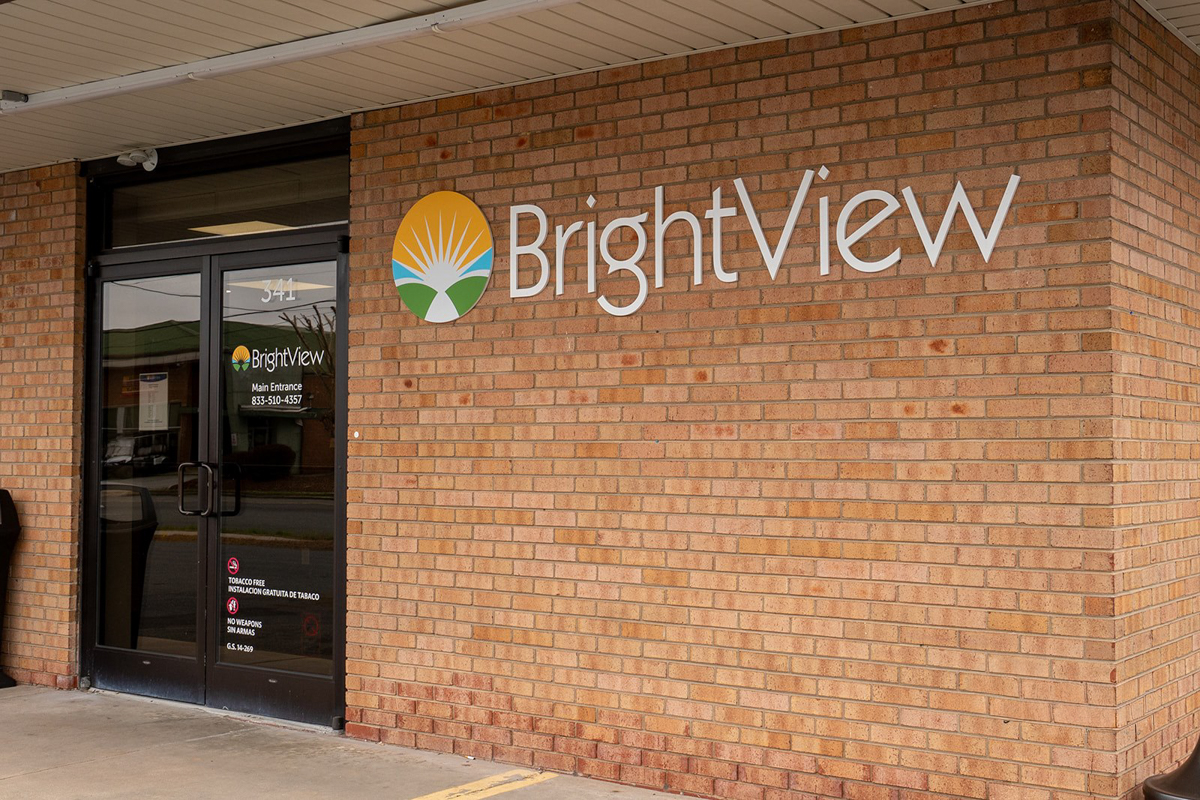BrightView entrance with logo on brick exterior