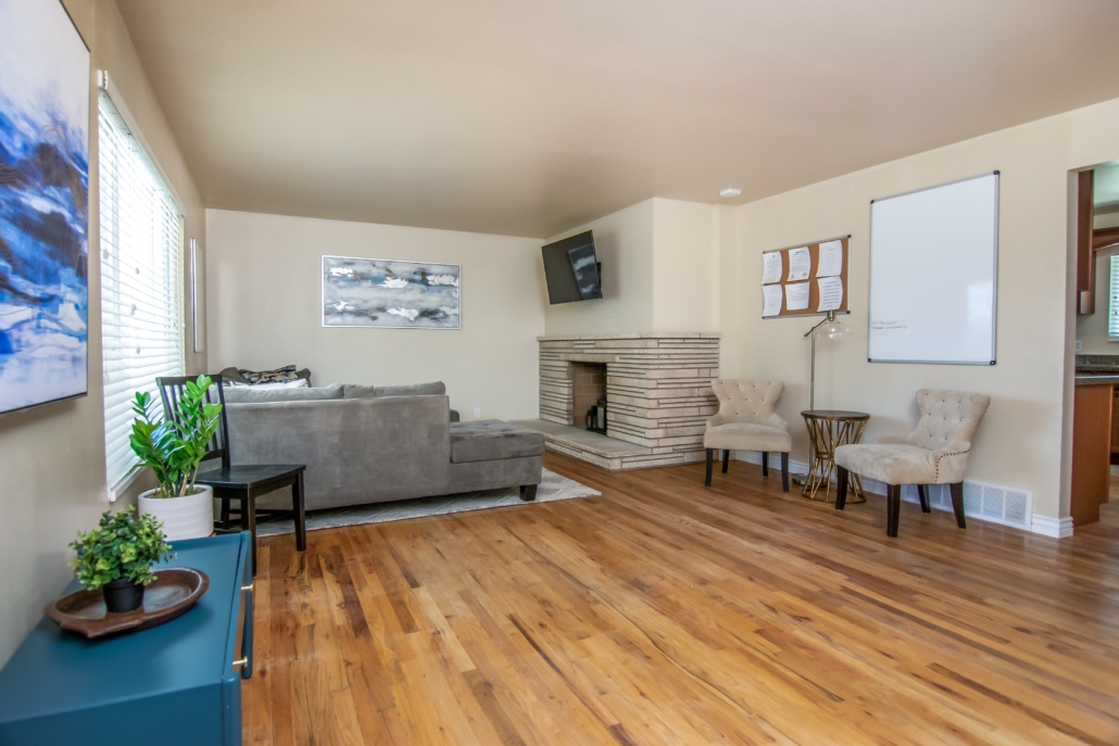 Living room with sofas, fireplace, and wall-mounted TV