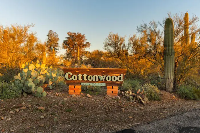 Wooden Cottonwood Tucson sign in desert landscape