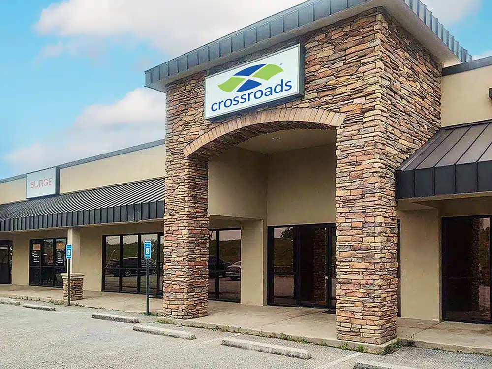 Stone entrance of Crossroads treatment center building