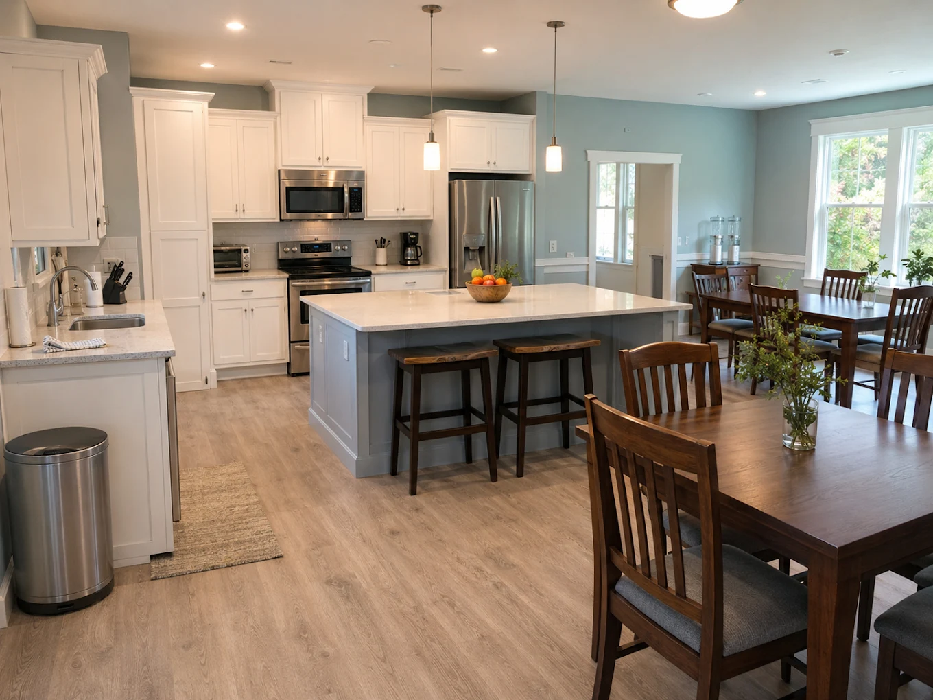 Modern kitchen with center island, bar stools, and dining tables