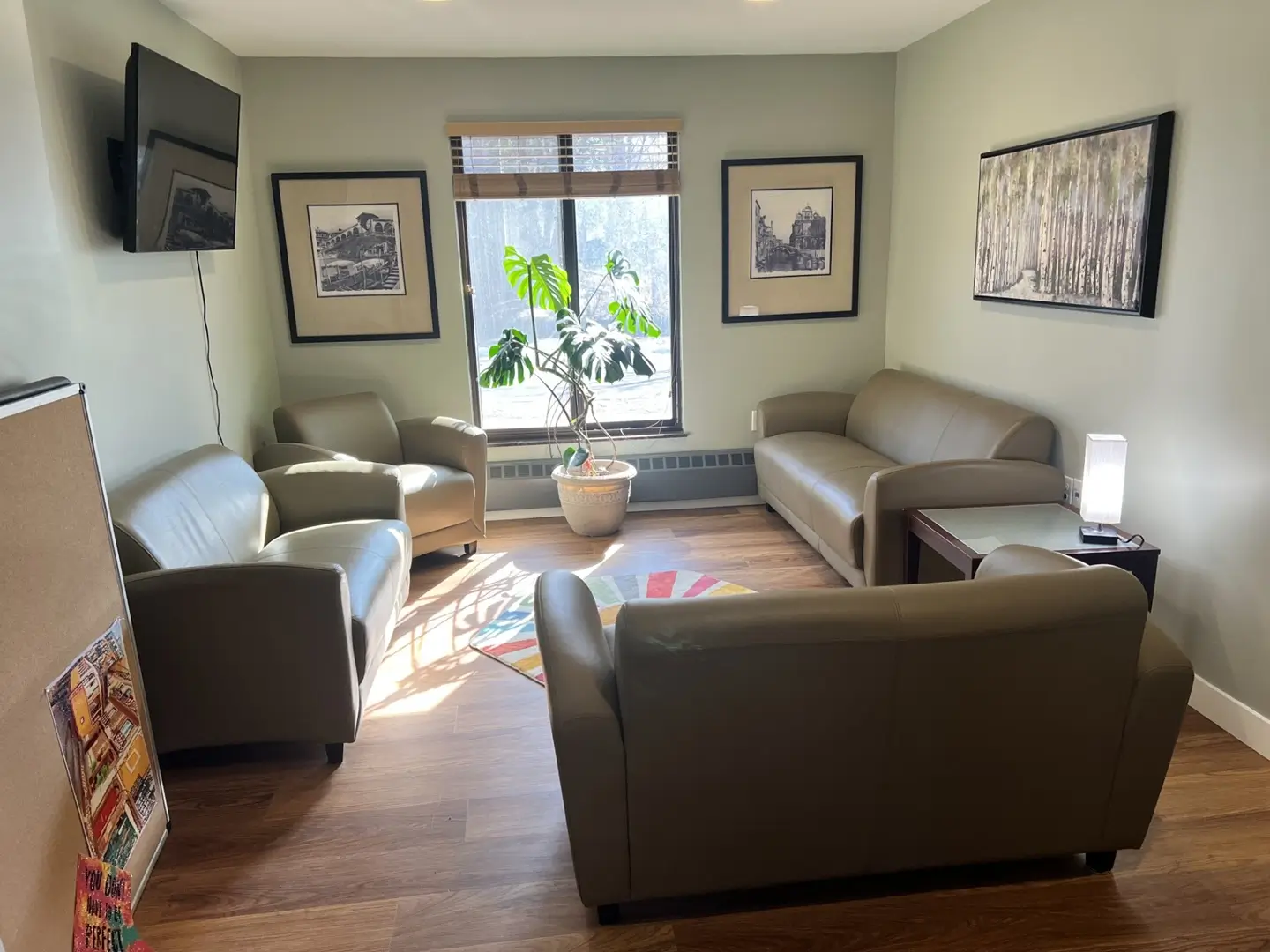 Lounge with sofas, armchairs, TV, and framed art on green walls