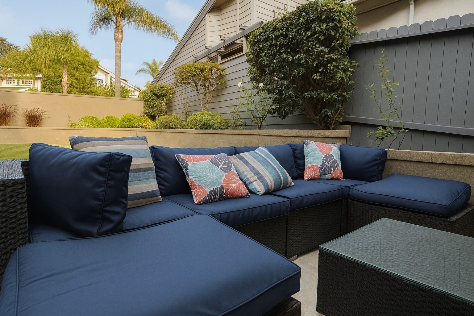 Outdoor seating area with blue cushioned sectional and garden backdrop.