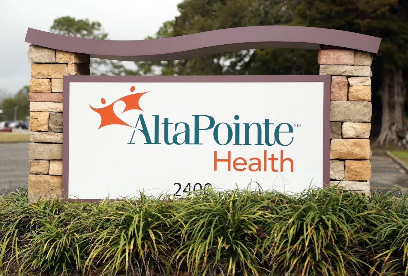AltaPointe Health sign framed by stone columns and landscaping