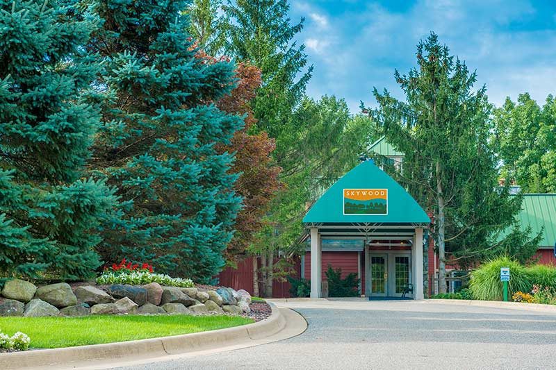 Entrance with signage on building.