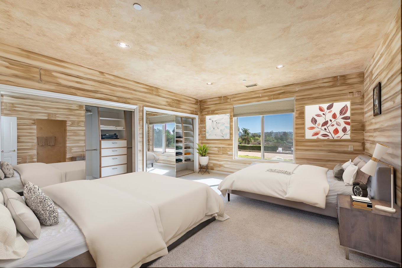 Warm-toned bedroom with two beds and large windows