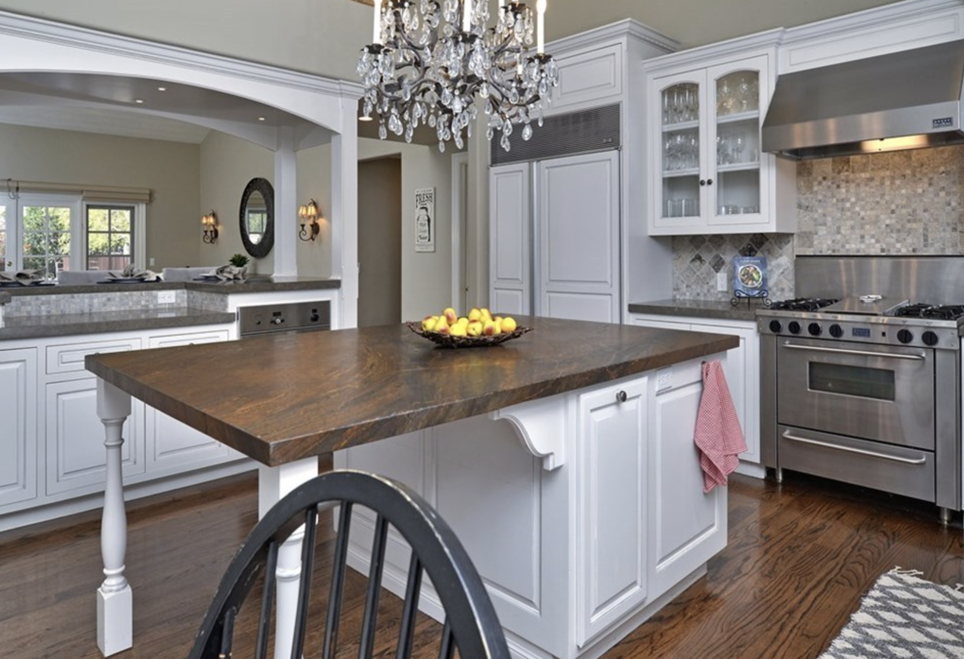 Kitchen with an island and seating.