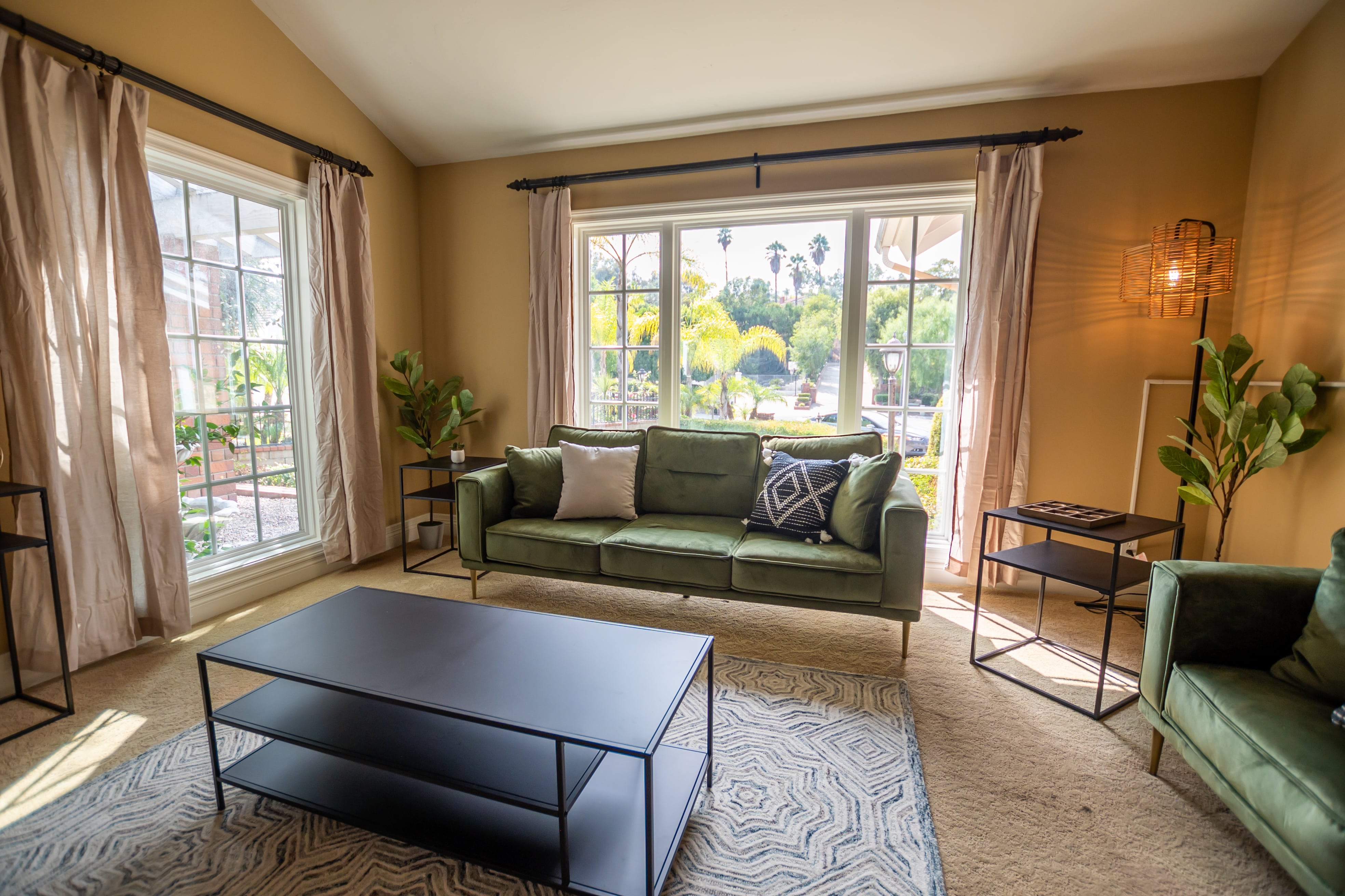 Sunny living room with green couches and plants