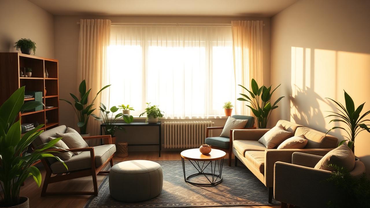 Bright, welcoming therapy room with sofas, plants, and natural light