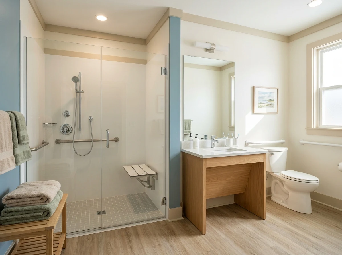 Accessible bathroom with walk-in shower, grab bars, and sink