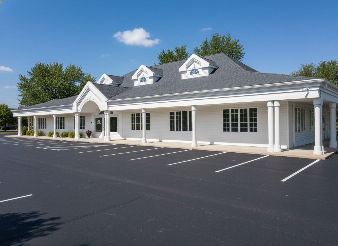 Rehab facility with white columns and empty parking lot.