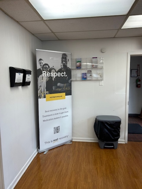 Lobby corner with recovery banner and informational brochures