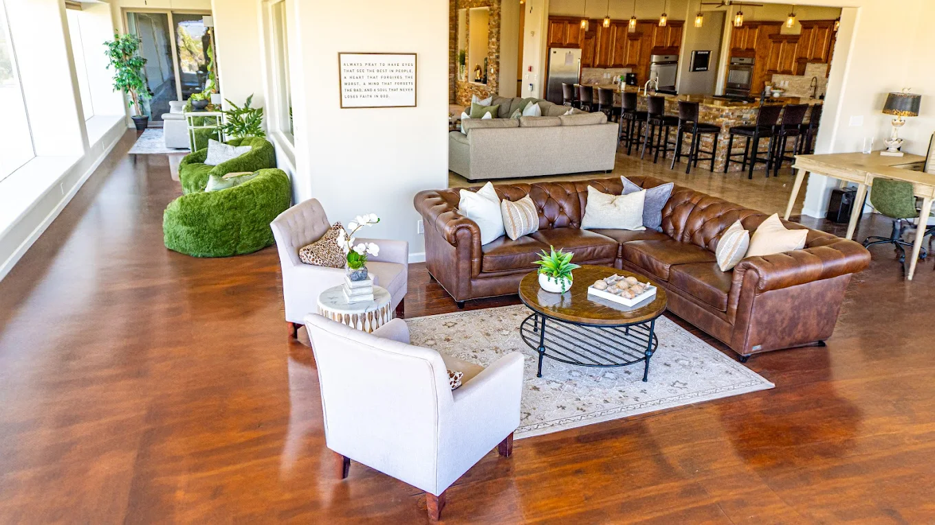 Open living room and kitchen with island seating