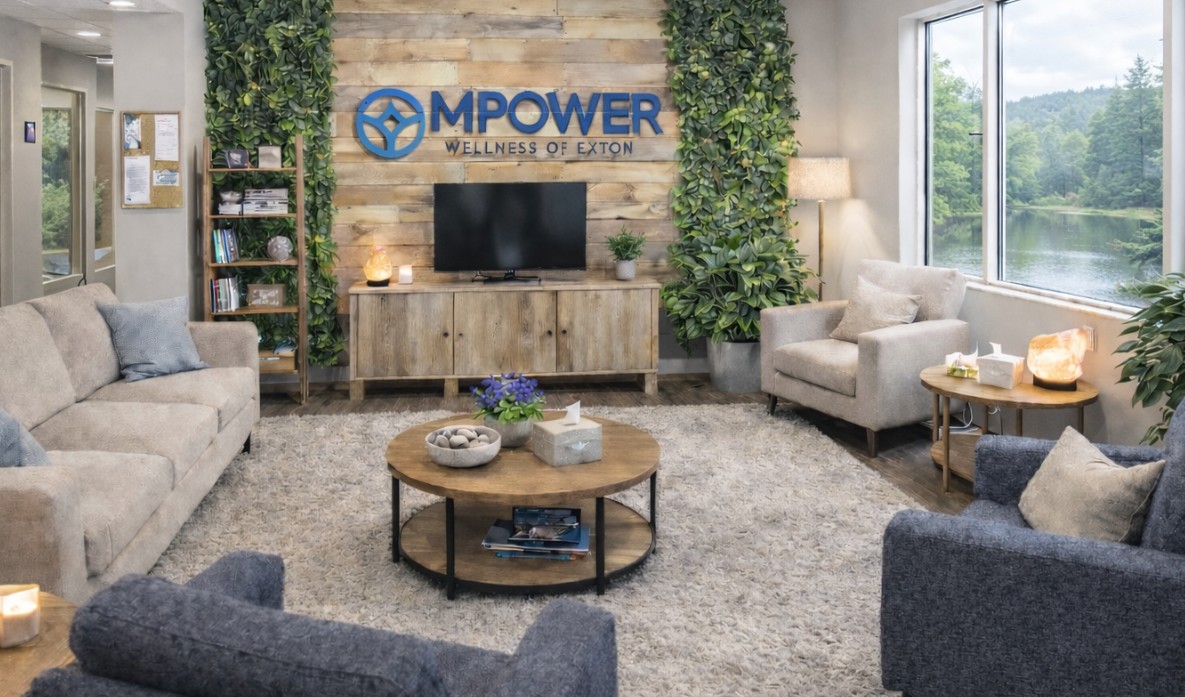 Lounge area with seating and nature-themed decor