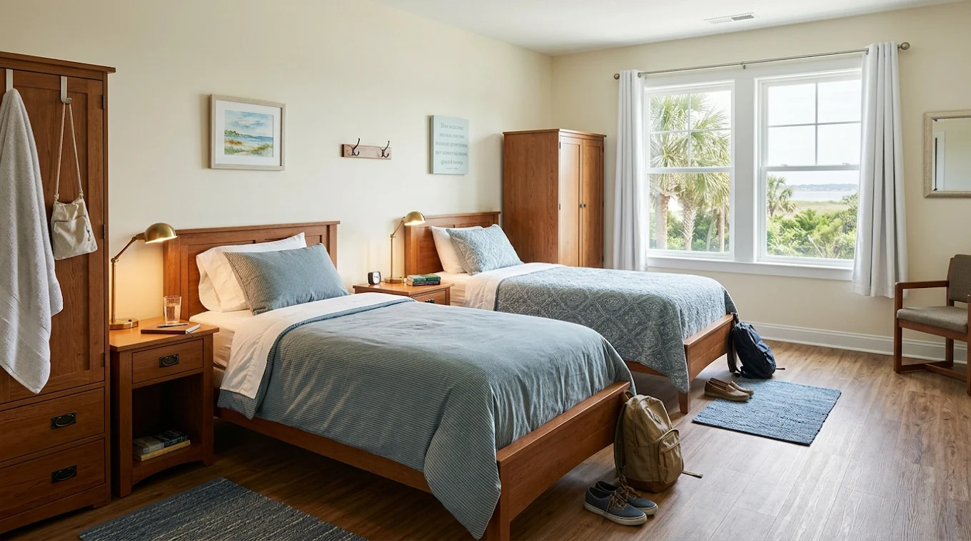 Shared bedroom with two beds, bedside lamps, and windows
