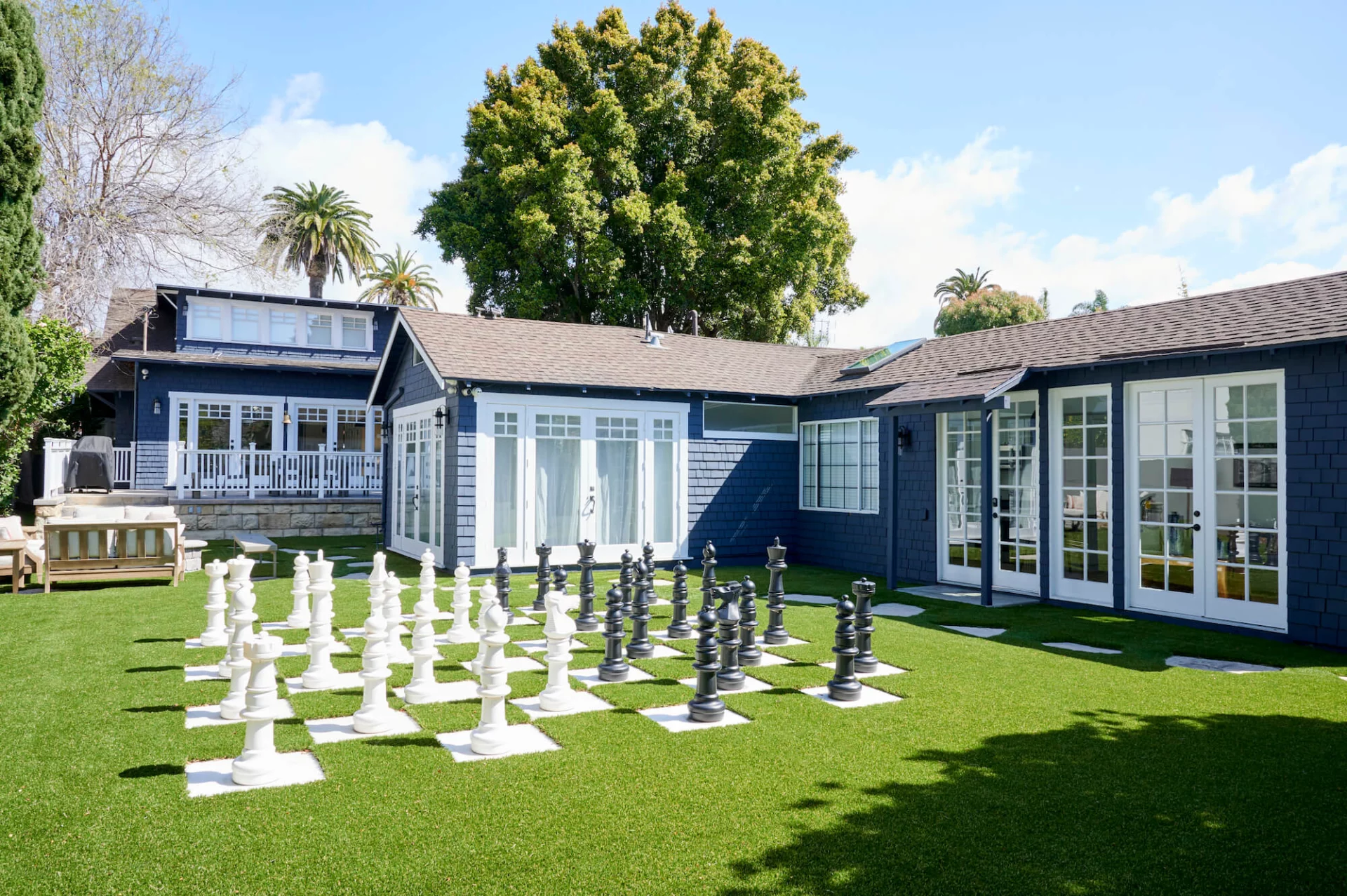 Outdoor courtyard with life-size chess set