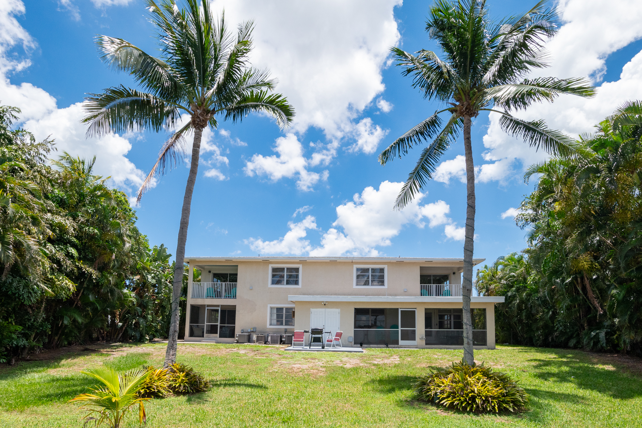 Back exterior of two-story building with palm trees