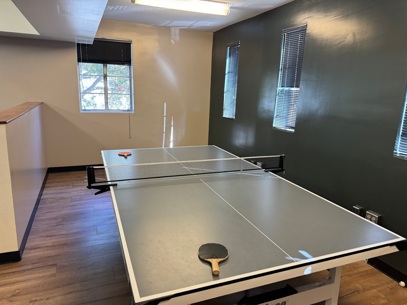 Recreational area featuring a ping pong table and dark green walls.