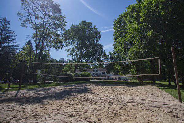 Sand volleyball court surrounded by tall trees